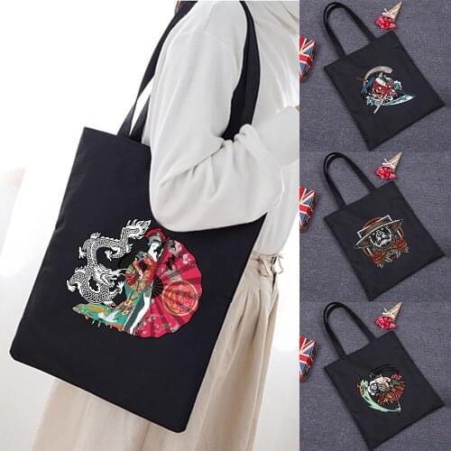 Women Bag Shopper Large Capacity Eco Canvas Cotton Shopper Foldable Fashion Black Cartoon Pictures Handbag Canvas Tote Bag
