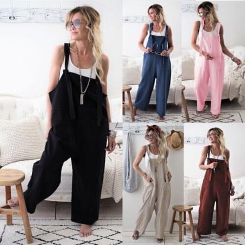 Women Jumpsuits Casual Loose Cotton Linen Rompers Solid Pockets Jumpsuit Overalls Wide Leg Pants Hot