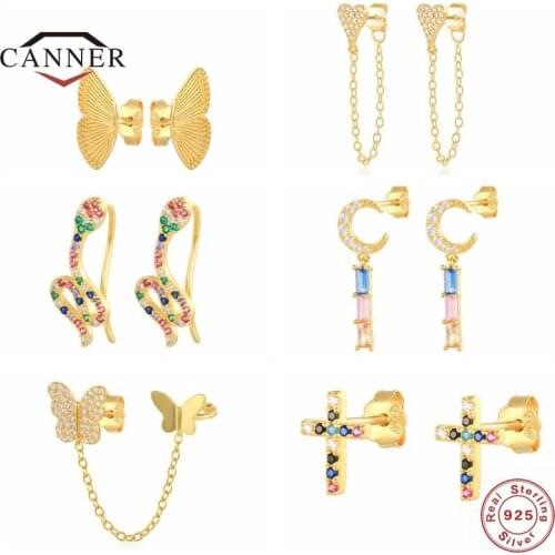 CANNER Sterling Silver 925 Pendientes Plata Small Stud Earrings for Women Colorful Cubic Zirconia Piercing Earring Jewelry Gifts