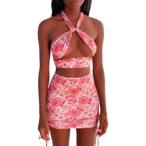 2021 New Summer Women Sexy Two-piece Clothes Set Pink Floral Printed Pattern Sleeveless Crop Tops Skirt Matching Sets Beachwear