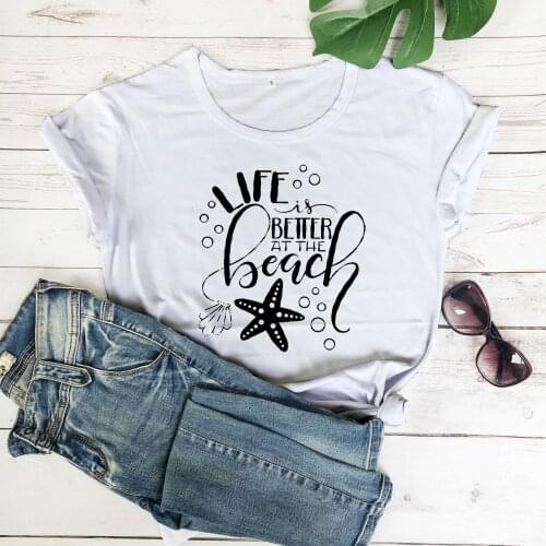 Life is better at the beach cute graphic pure cotton women fashion t shirt young girl gift party tees vintage kawaii tops-M994