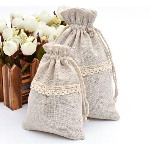 10x14/13x18cm Handmade Wedding Favor Bag White Lace Linen Drawstring Pouch Wedding Candy Gift Bags Party Favor Jewelry Bag 50Pcs