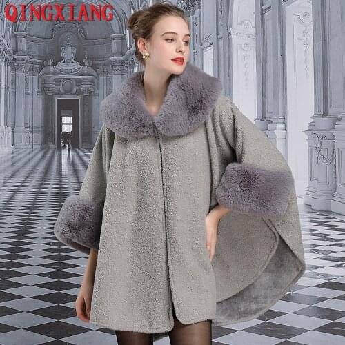 2019 Fashion Women Winter Capes Big Faux Rabbit Fur Collar Knitted Open Stitch Poncho Long Sleeve Cardigan Thick Warm Cloak Coat