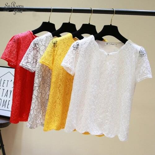 2021 Summer New Plus Size Short Sleeve Lace Chiffon Blouse Women Korean Version Solid Loose Office Lady Women Blouses white 4805