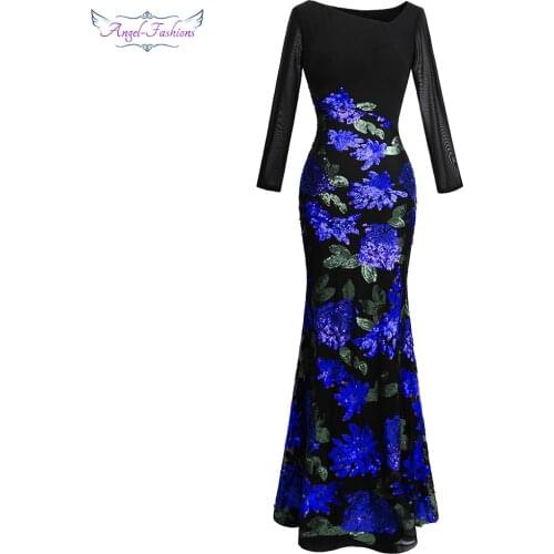 Angel-fashions Womens Long Sleeve Pattern Blue Flower Sequin Beading Evening Dress 396
