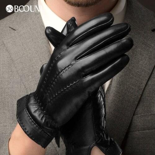 BOOUNI Genuine Leather Gloves Fashion Men Sheepskin Gloves Winter Plus Velvet Classic Black Leather Driving Glove NEW NM703