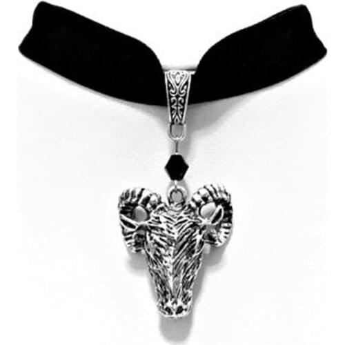 Black Velvet Head Goat Ram 3d Baphomet Lucifer Silver Color Satanic Gothic Pagan necklace