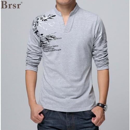 Spring And Autumn Fashion Cotton Solid Slim Fit Long Sleeve T Shirt Men Tee V-neck Casual Oversized T-Shirt Flocking Print Male