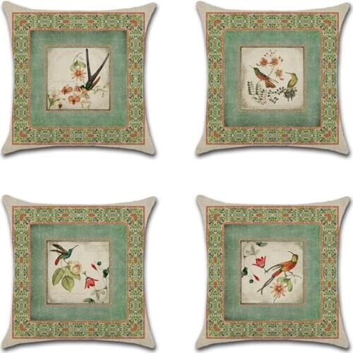 Cotton Line Vintage Bird Green Printed Throw Pillow Case Classical Flowers Cushion Cover Funda Cojines Sofa Home Car Decorativos