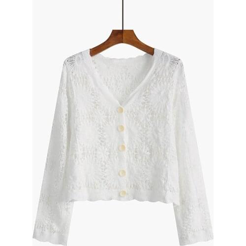 Hollow Out Knit Tops Cardigan Women Thin Summer 2021 new V-Neck Tops fashion Long sleeve Knit Cardigan