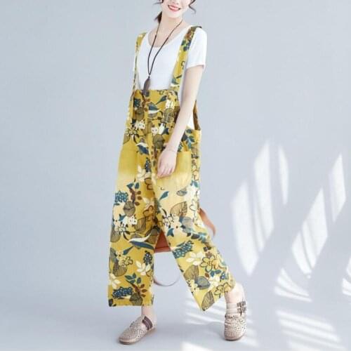 Jumpsuits Women Strap Ankle Length Fashion Womens Pockets Vintage Flower Printed Cotton Linen Overalls