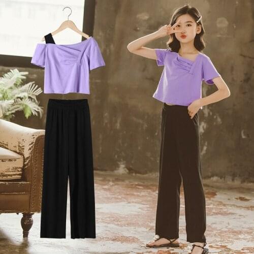 Girl Outfits Summer Teeager Kids Suits Children Girls Clothes Sets Chiffon Shirts Tops & Wide Leg Pants 2 Pieces Set Age 4-16 Y