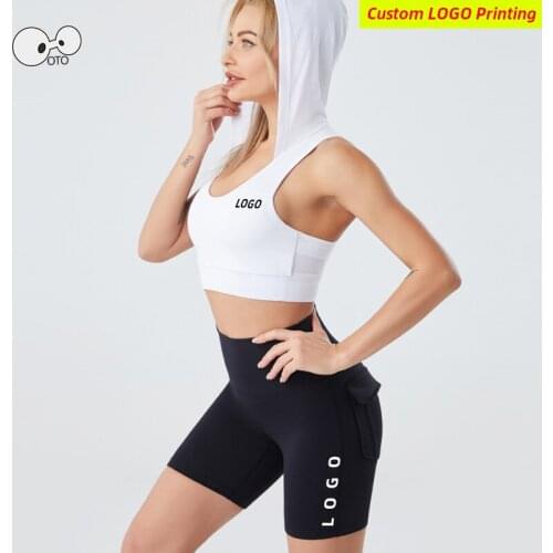 Quick Dry Summer Hooded Sports Bra+Short Tights 2 Pcs Yoga Sports Suit Women Vest+Shorts Gym Fitness Jogging Running Set Custom