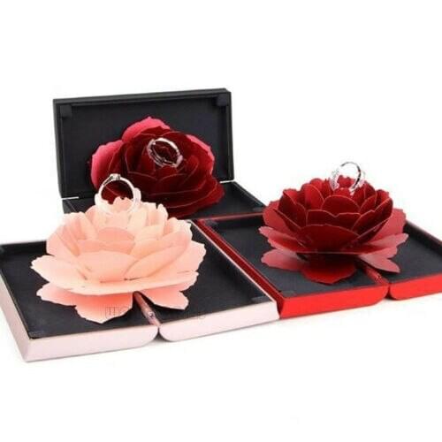 New Hot Beautiful 3D Pop Up Rose Ring Box Wedding Engagement Jewelry Storage Rectangular Proposal Rotating Rose Flower Ring Box