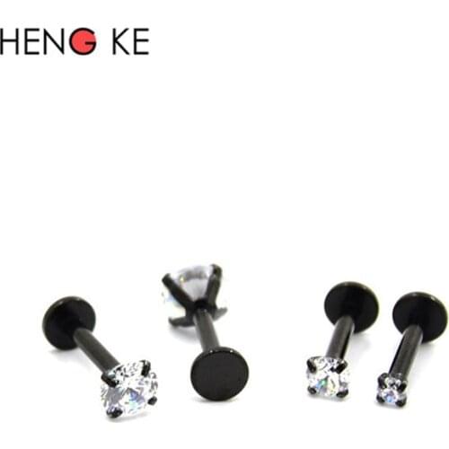 Crystal Lip Stud CZ Zircon Gem Clear Round Black 316L Stainless Steel 16G Daith Cartilage Helix Piercing Ear Stud Earrings