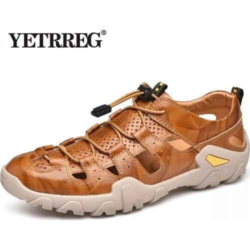 New Cow Genuine Leather Sandals Outdoor 2019 Summer Men Shoes Men Breathable Casual Shoes Footwear Walking Beach Sandals Size 47