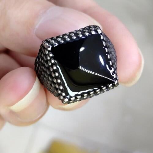 Silver Plated Black Enamel Rings for Men Vintage Ring Punk Classic Black Drip Imitation Black Stones Male Enamel Ring