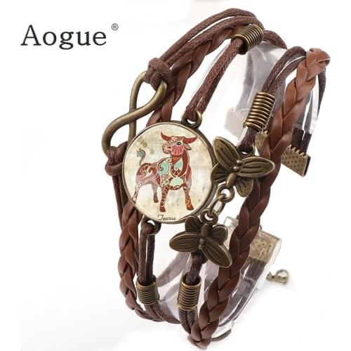 Men Brown Artificial Leather 12 Constellation Bracelet Rock Biker Bracelets Round Glass Cabochon Bracelet