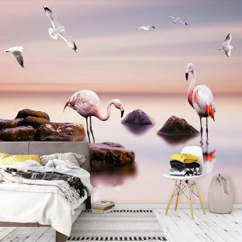 Custom 3D Mural Wallpaper Modern Sea Pink Birds Frescoes Living Room TV Sofa Bedroom Romantic Home Decor Papel De Parede 3D Sala