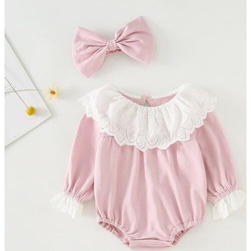 New Baby Girls Bodysuit Long Sleeves Autumn baby Lace Splicing Pink Ruffle Princess Romper+hair Band 2 PCS Sets Newborn Clothes