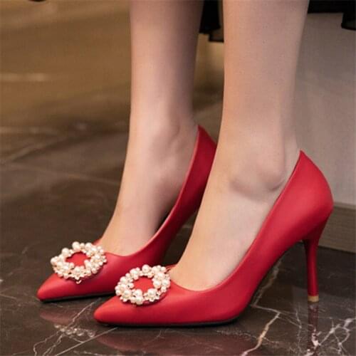 Luxury Rhinestone Red White Heels Women Pumps Shoes Fashion High Heels Shoes Pointed OL Working Party Wedding Shoes Woman 34-45