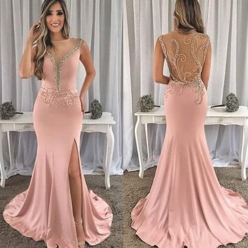 SuperKimJo Luxury Beaded Evening Dresses Long Robe De Soiree Mermaid Sheer Back Pink Sexy Evening Gown with Slit Formal Dress