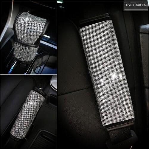 Crystal Car Handbrake Cover Auto Gear Shifter Set Rhinestones Seat Belt Cover Styling Diamond Interior Accessories For Girls