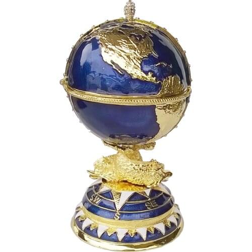 Globe Inspired Egg trinket box Russian craft metal jewerly ring box bejeweled jewelry birthday gifts collectibles