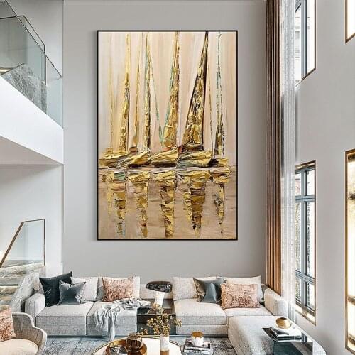 Modern abstract hand-painted knife painting on canvas sailing boat oil painting golden large quadros decorativos