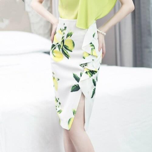 Customize Plus Size Asymmetrical Ruffles Lemon Print Chiffon/Cotton Skirt High Waist Bodycon Sexy slit Midi pencil skirts Saias
