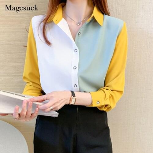 2021 Korean Autumn Long Sleeved Chiffon Shirt Women Splicing Color Single Breasted Womens Blouse Lapel Top Female Blusas 11987