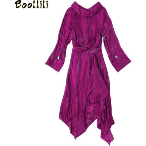 Boollili Spring 2020 A Line Office Elegant Dress Women Korean Purple Midi Dress Slim Party Ladies Dresses Autumn Vintage Vestido