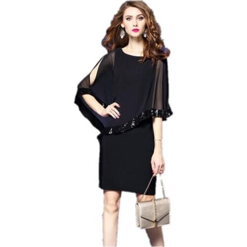 2021 Fashion Summer New Temperament Commuting Chiffon Sequins Embroidered Bat Sleeves Show Thin Round Collar Dress