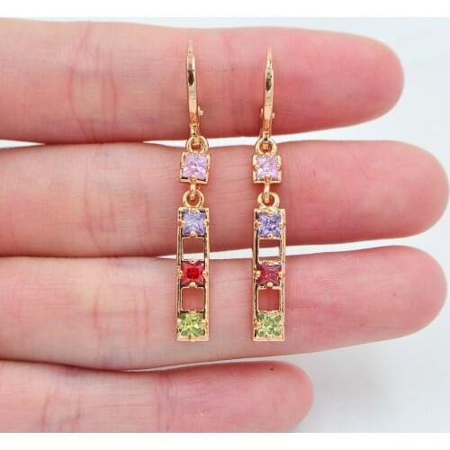 Gold Color Women Fashion Multicolor Zirconia CZ Geometric Stick Dangle Earrings Jewelry
