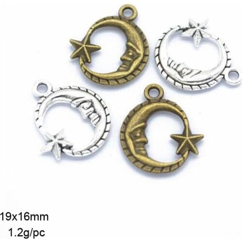50pcs/lot 19x16mm Vintage Silver /Antique Bronze Retro Alloy Star Moon Charms Jewelry Pendant