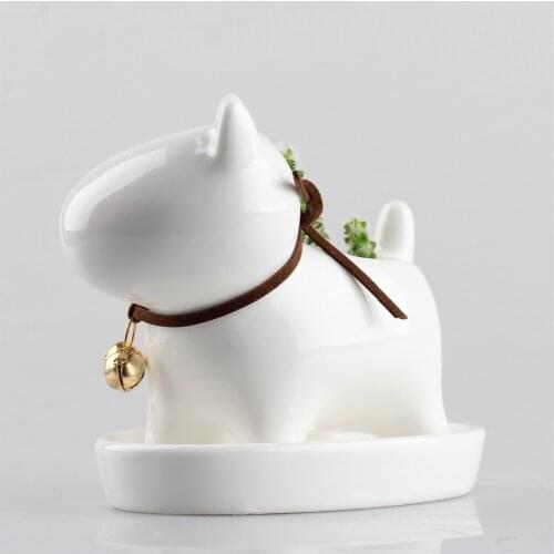 Balcony Tabletop Decorative White Small Dog Ceramic Flowerpot Succulent Plant Planter Bonsai A Green Flower Pot With Bell Tray
