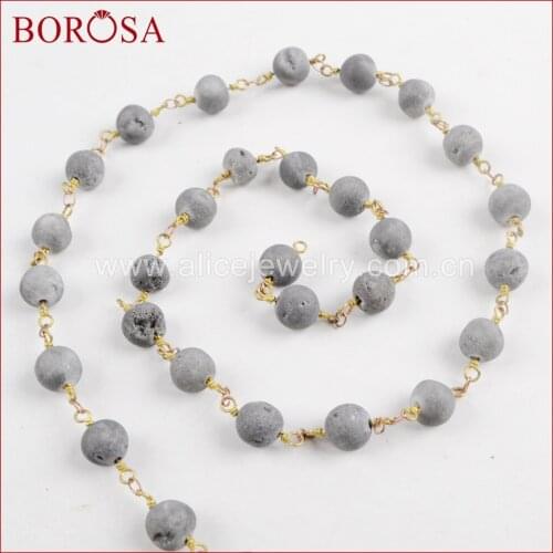 BOROSA New Druzy Chain 8mm Round light Gray Stone Titanium Druzy Beaded Brass Chains for Necklace Jewelry Findings JT201