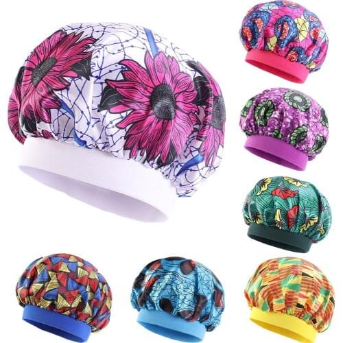 African Kids Girls Hat Satin Printed Night Sleep Cap Wide Band Elastic Sleeping Caps Beanie Bonnet Indian Children Nightcap New