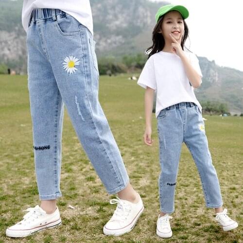 Kids Jeans Spring Autumn Girls Denim Pants Flower Embroidery Casual Trousers Teenager Girls Jeans 4-14Y Children Jean Pants