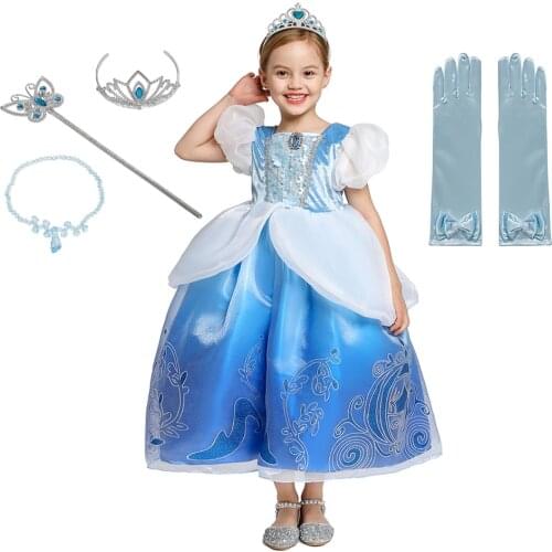 Baby Girl Dress Halloween Party Cosplay Clothes Princess Fancy Dresses Puff Sleeve Blue Mesh Ball Gown Children Clothes