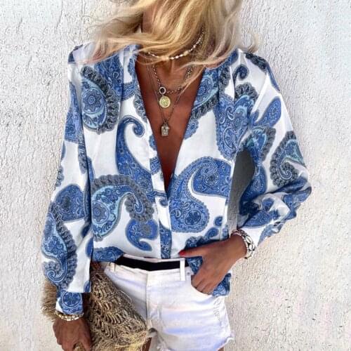 Elegant Women Ladies Fashion Paisley Printed V-Neck Button Long Sleeve Blouses Casual Shirts Plus Size Blusas Femininas#35