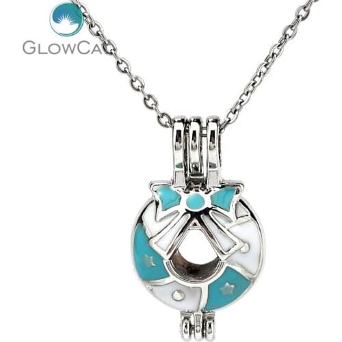 K1079 Silver Enamel Bowknot Bell Star Beads Pearl Cage Pendant Chain Aroma Essential Oil Diffuser Locket Necklace