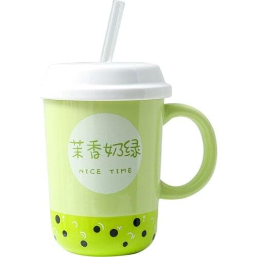 350ml Korean ceramic straw mug glass straw ceramic mugs creative girl milk tea straw cup fashionable office coffee breakfast cup