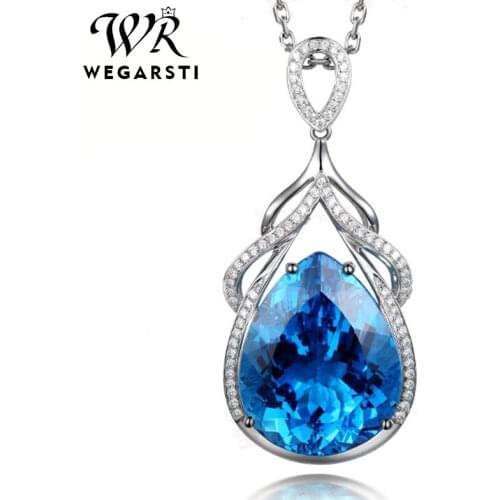 WEGARSTI 925 Sterling Silver Blue Topaz Pendant Necklace for Women Luxury Gemstone Party Necklaces Fine Jewelry For gift