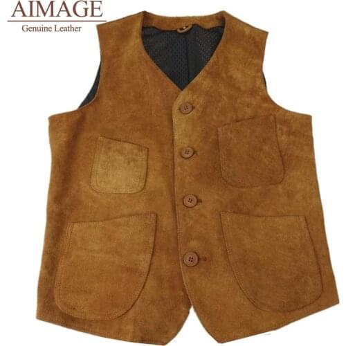 Men Cow suede leather coat Mens suede cowhide tooling genuine leather jacket men vest leather coat Yellow casual vest PY081