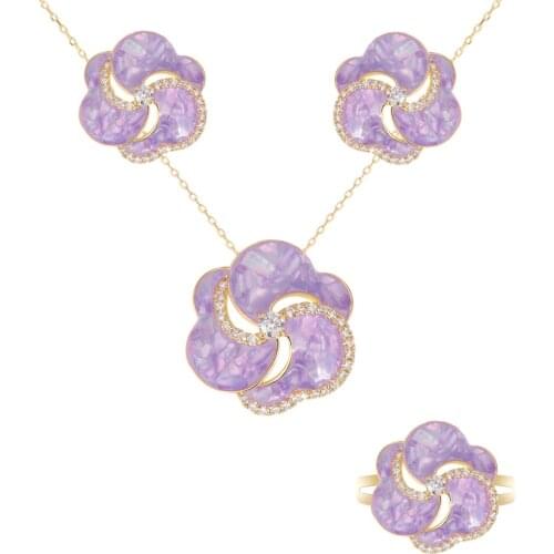 Bride Talk Fashion Flower Shape Cubic Zircon 3 Pcs Colorful Pendant Necklace Earring Set Elegant Mysterious Purple Women Jewelry