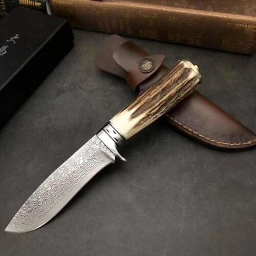 New 2020 Damascus knife hunting knife Damascus steel+antlers+steel head Outdoor pushing Camping Tactical Pocket portable Knife