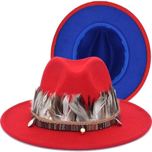 Womens Black Red Patchwork Wool Felt Floppy Disk Mens Jazz Fedora Color Matching Band Hat Panama Trilby Gift Hat F49