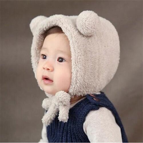 Cute Baby Girls Boys Winter Warm Hat Thick Bear Ear Plush Beanie Bonnet With Ear Warmer Fashion Hats Cold-proof Lace Cap T2129