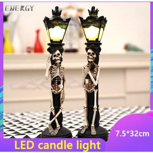 Halloween Resin Skull LED Light Bar Haunted House Chamber Desktop Decorations and Ornaments Candlestick Skull Lamp Pair